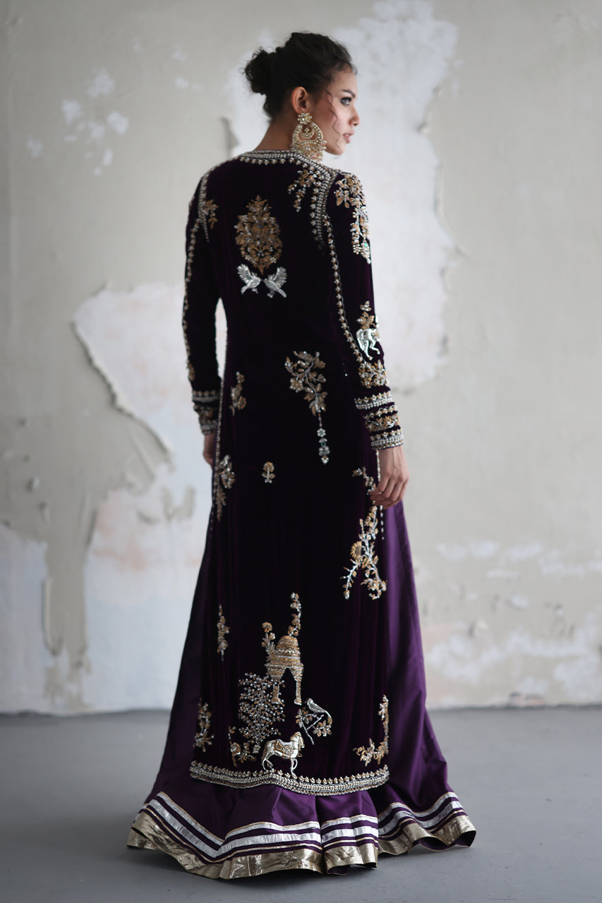 Pakistani Deep Purple Hand Embroidered Velvet Jacket Set (3-Piece) - Image 8