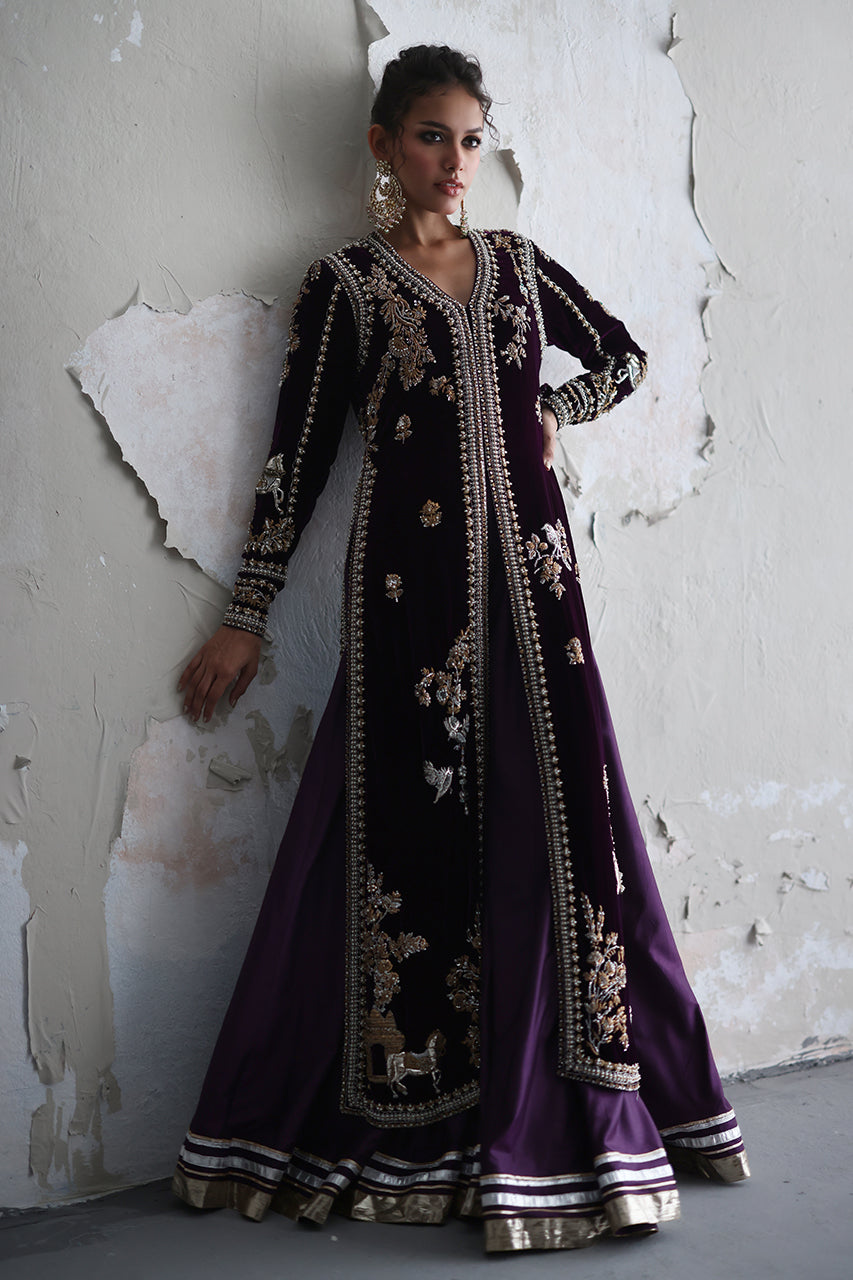 Pakistani Deep Purple Hand Embroidered Velvet Jacket Set (3-Piece) - Image 9