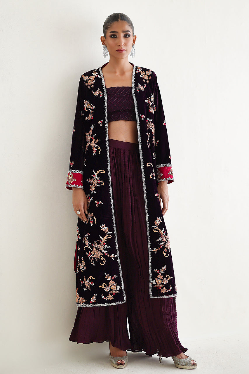 Pakistani Mulberry Embroidered Velvet Jacket with Silk Culottes (3-Piece) - Image 1