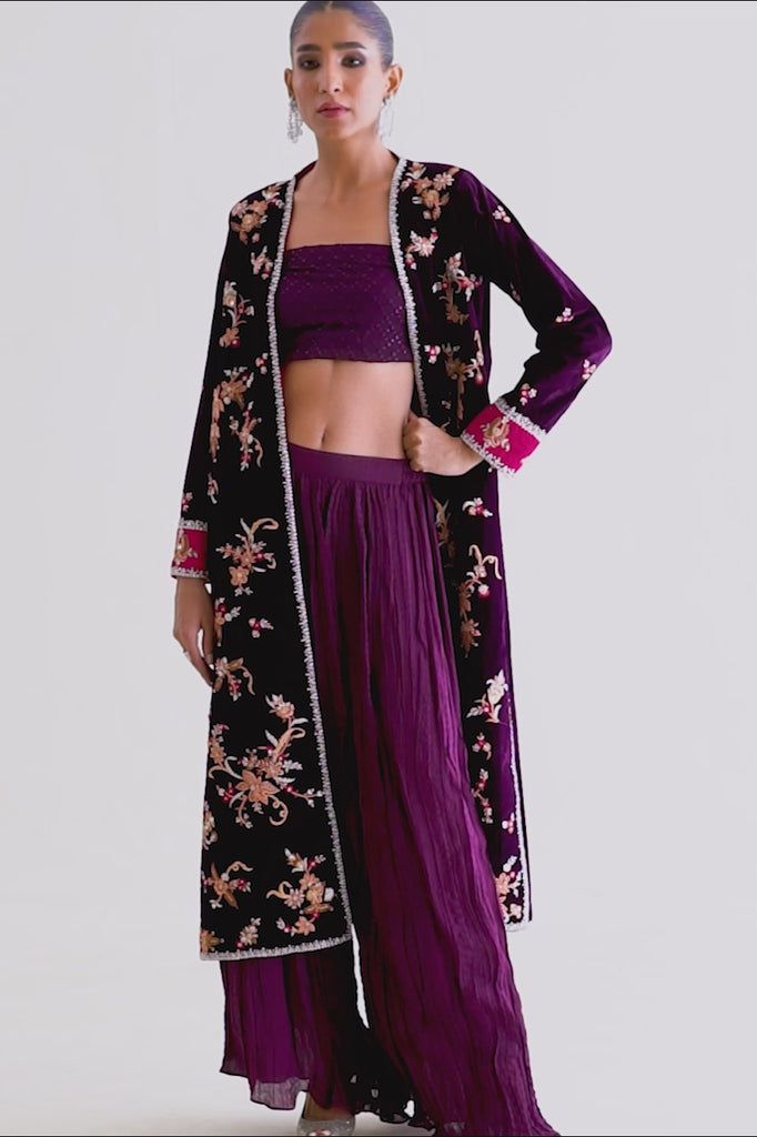 Pakistani Mulberry Embroidered Velvet Jacket with Silk Culottes (3-Piece) - Image 2