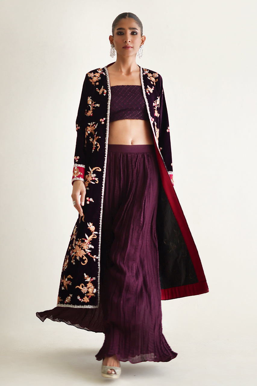 Pakistani Mulberry Embroidered Velvet Jacket with Silk Culottes (3-Piece) - Image 3