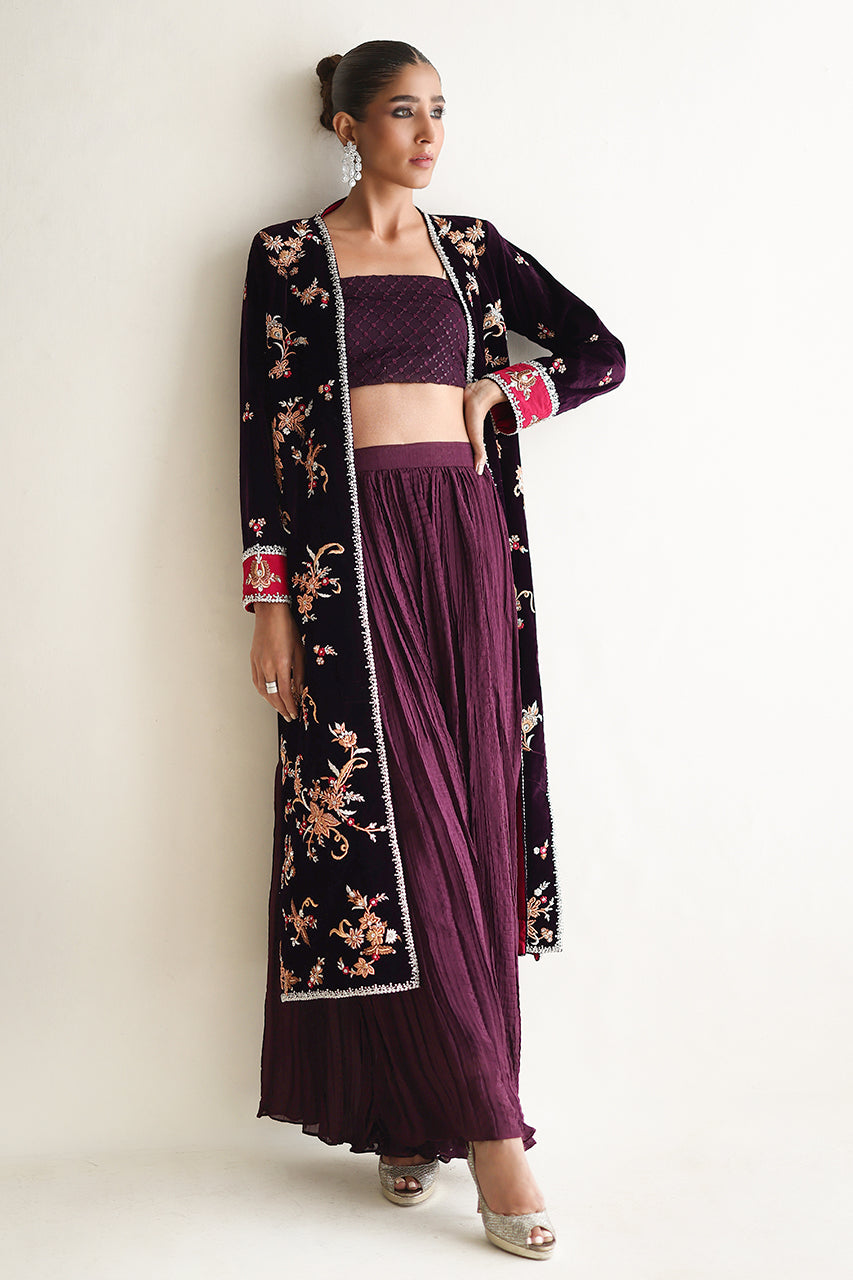 Pakistani Mulberry Embroidered Velvet Jacket with Silk Culottes (3-Piece) - Image 4