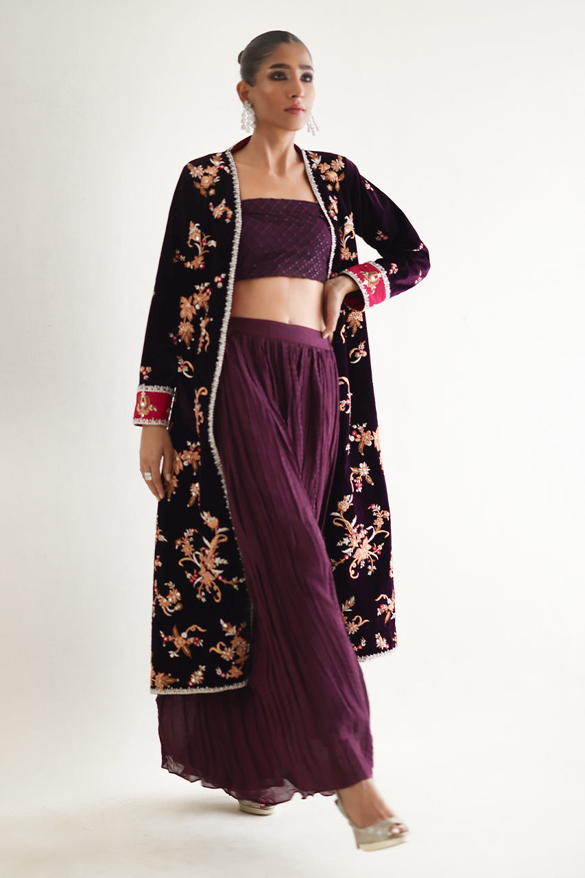 Pakistani Mulberry Embroidered Velvet Jacket with Silk Culottes (3-Piece) - Image 5
