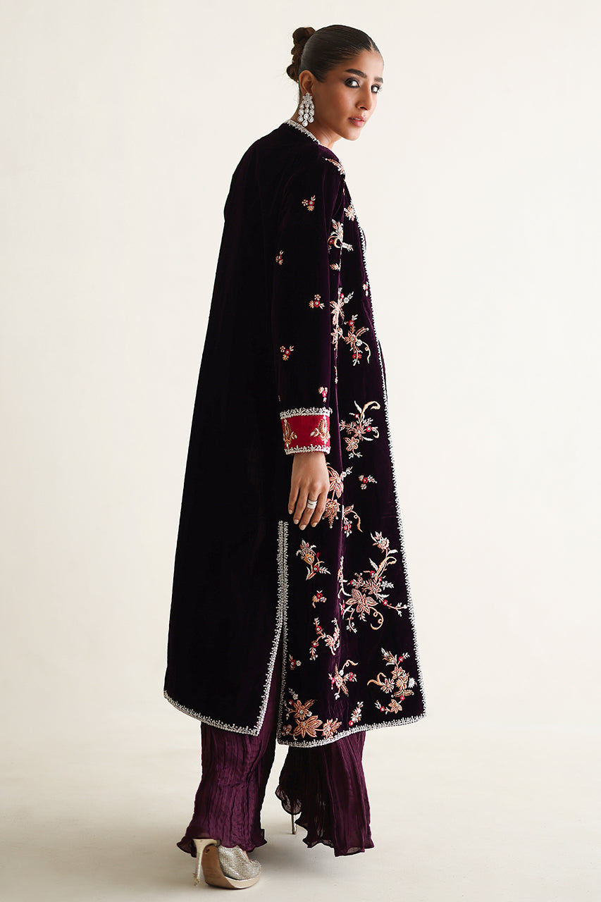 Pakistani Mulberry Embroidered Velvet Jacket with Silk Culottes (3-Piece) - Image 6