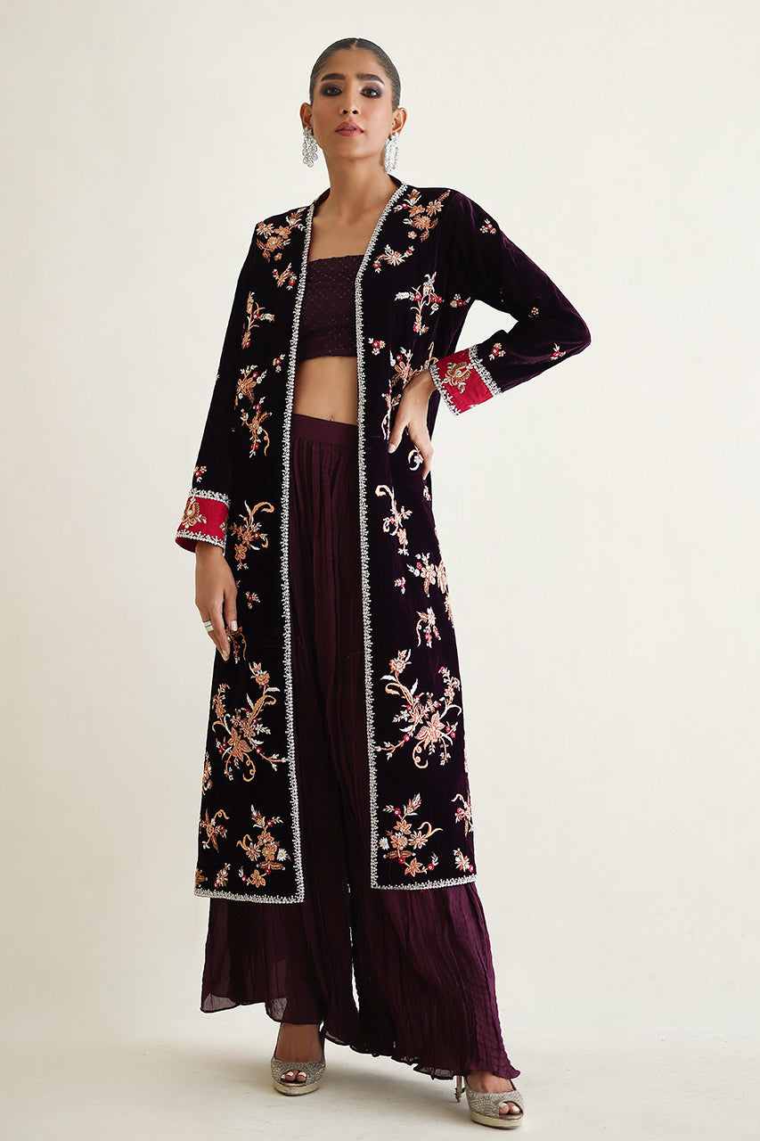Pakistani Mulberry Embroidered Velvet Jacket with Silk Culottes (3-Piece) - Image 7