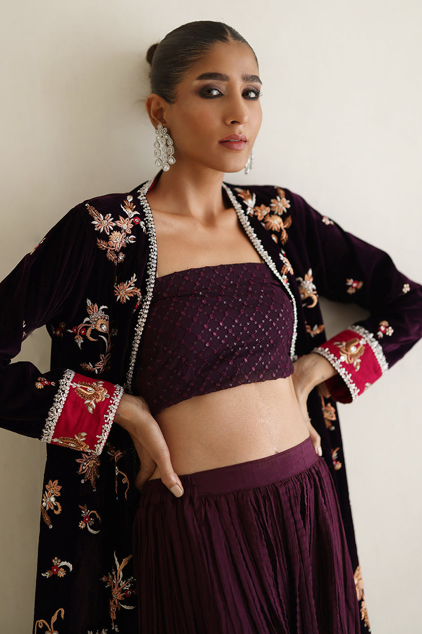 Pakistani Mulberry Embroidered Velvet Jacket with Silk Culottes (3-Piece) - Image 8