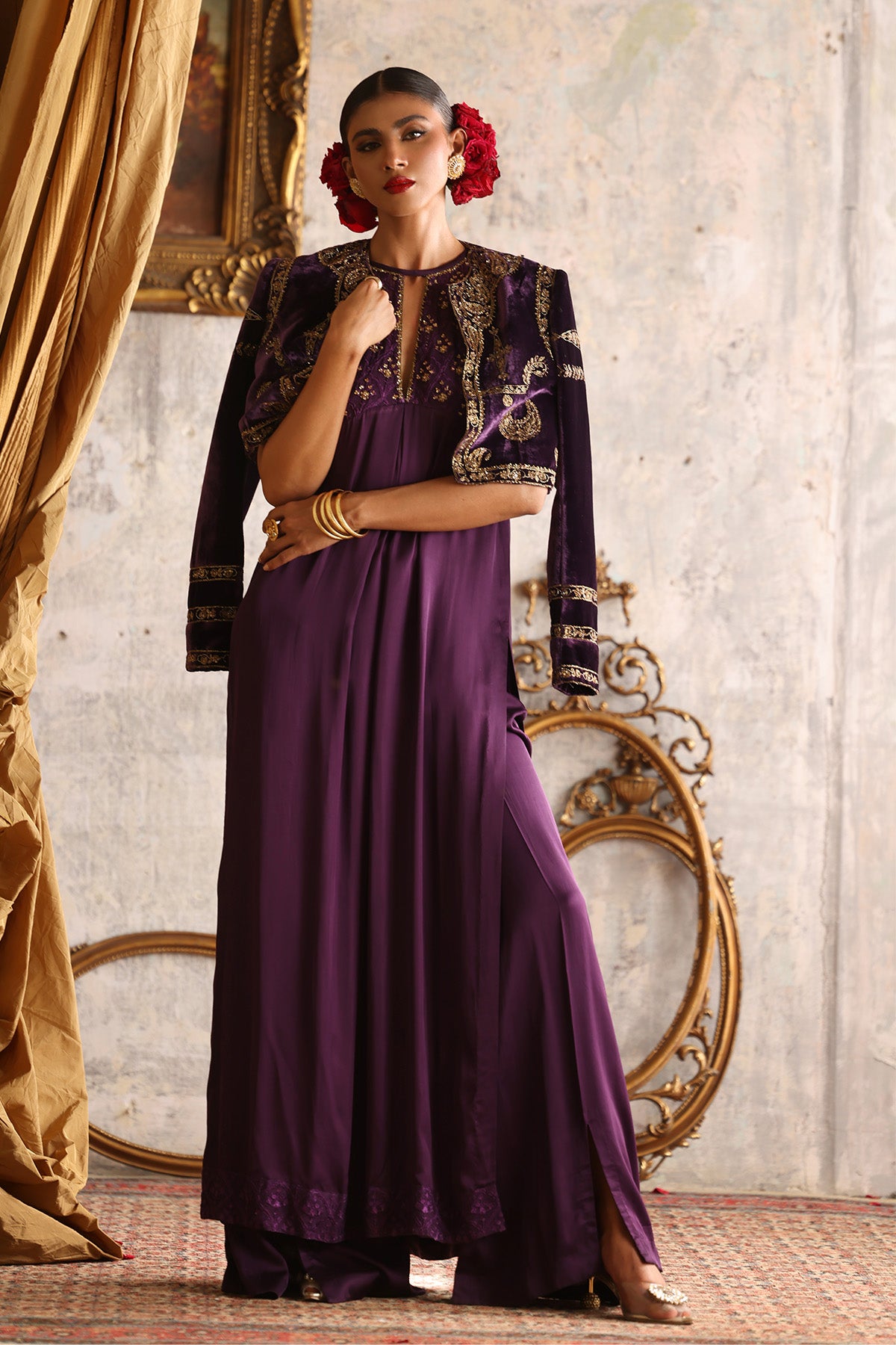 Pakistani Purple Zardozi Velvet and Silk Cropped Jacket (3-Piece) - Image 2