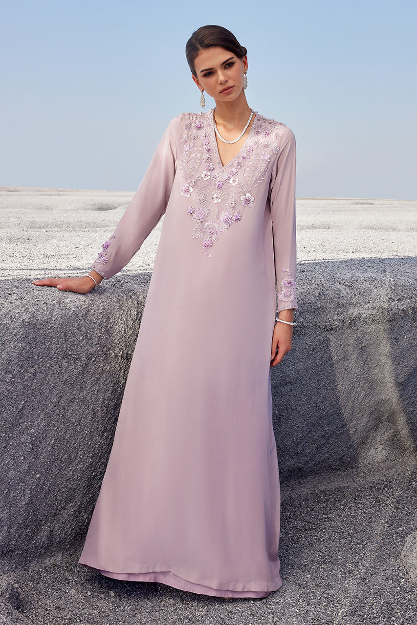 Lilac 3D Beaded Pure Crepe Silk Kaftan (2-Piece) - Image 1