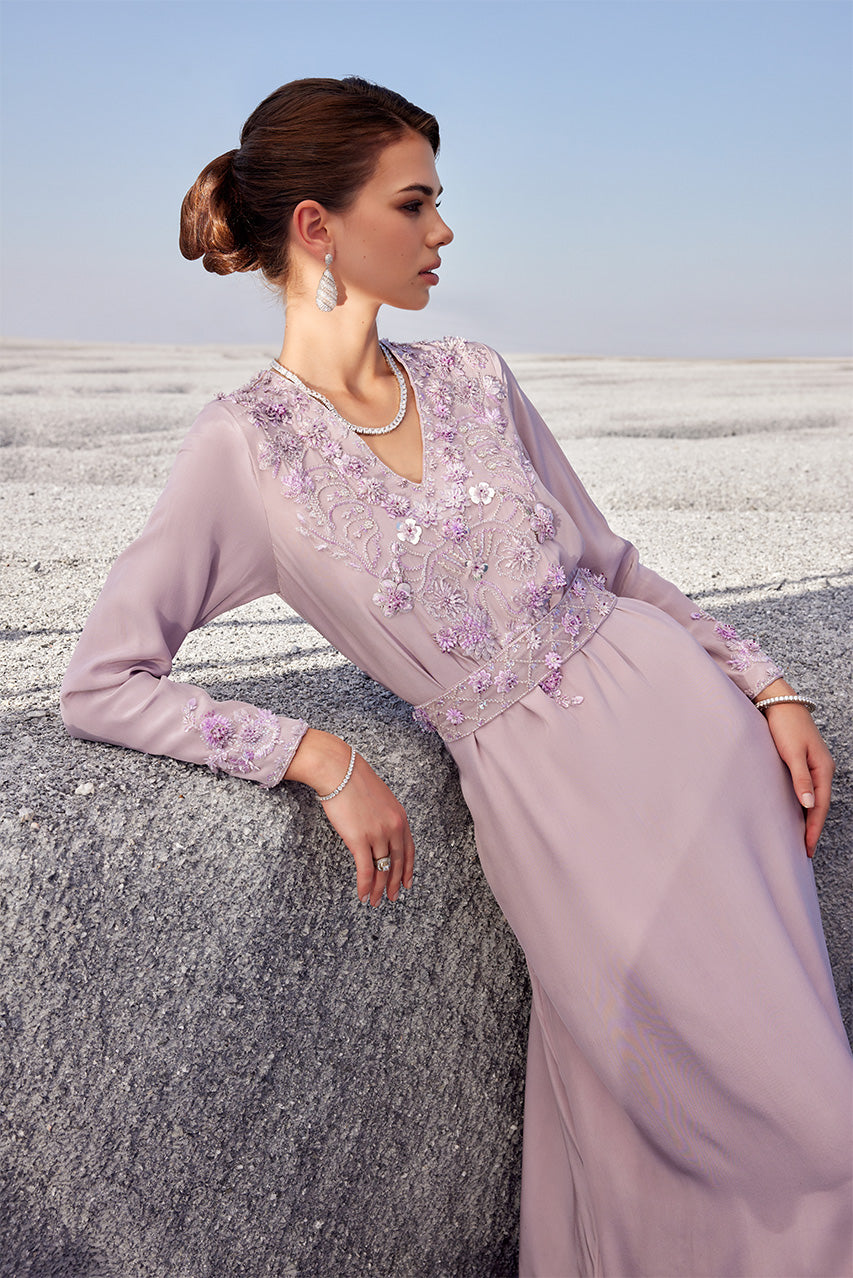 Lilac 3D Beaded Pure Crepe Silk Kaftan (2-Piece) - Image 2