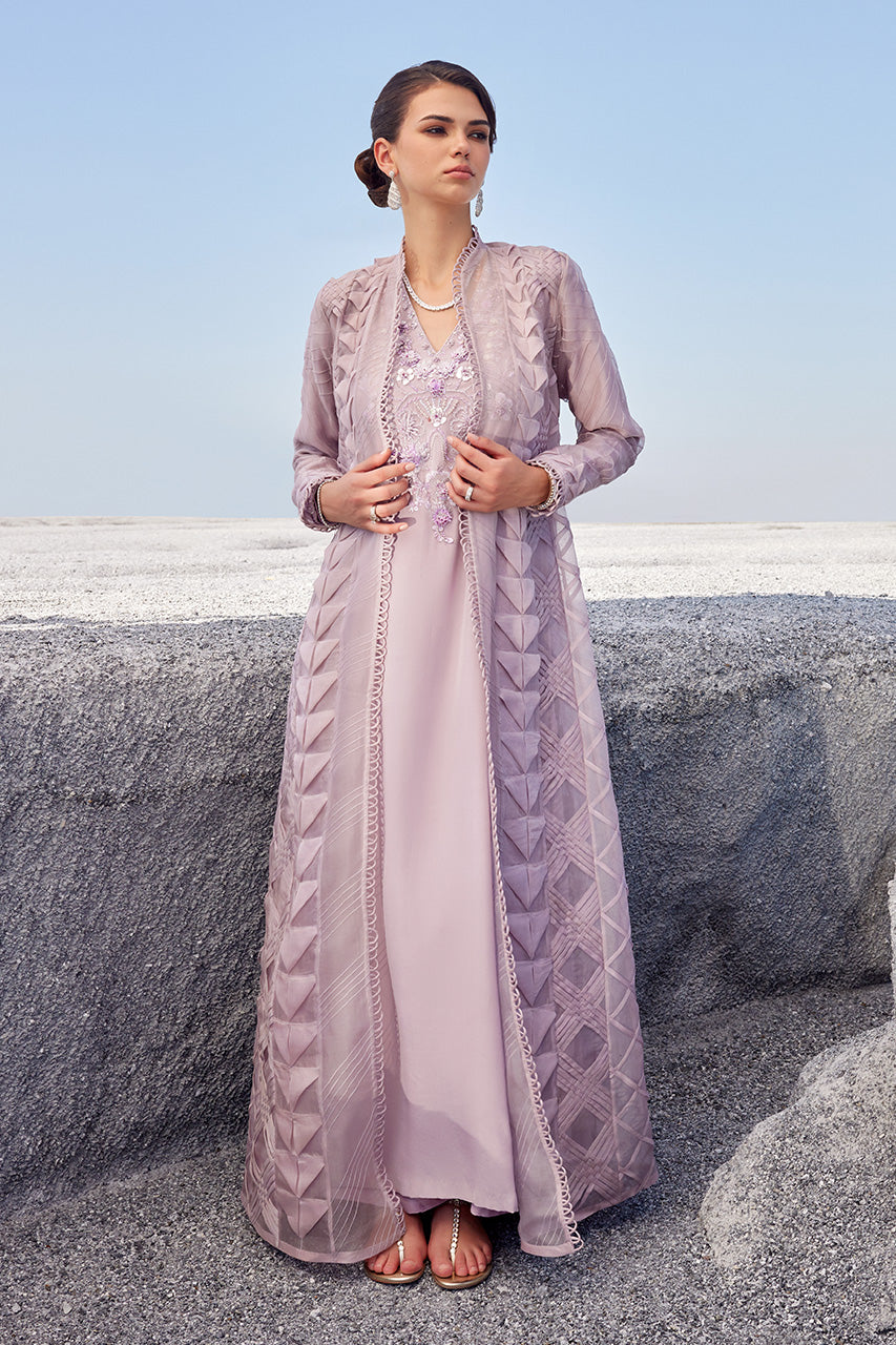 Pakistani Lavender Beaded Organza & Crepe Silk Kaftan (3-Piece) - Image 1