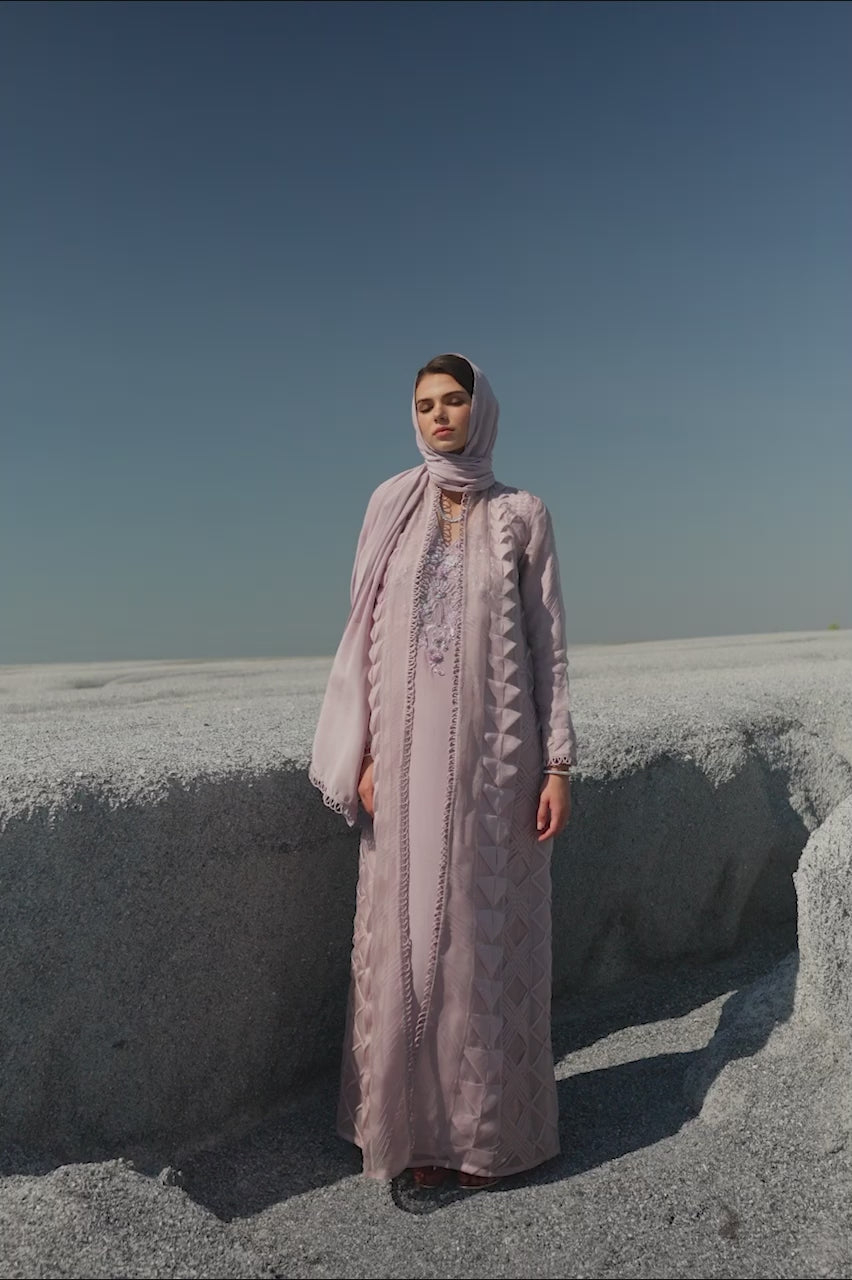 Pakistani Lavender Beaded Organza & Crepe Silk Kaftan (3-Piece) - Image 6