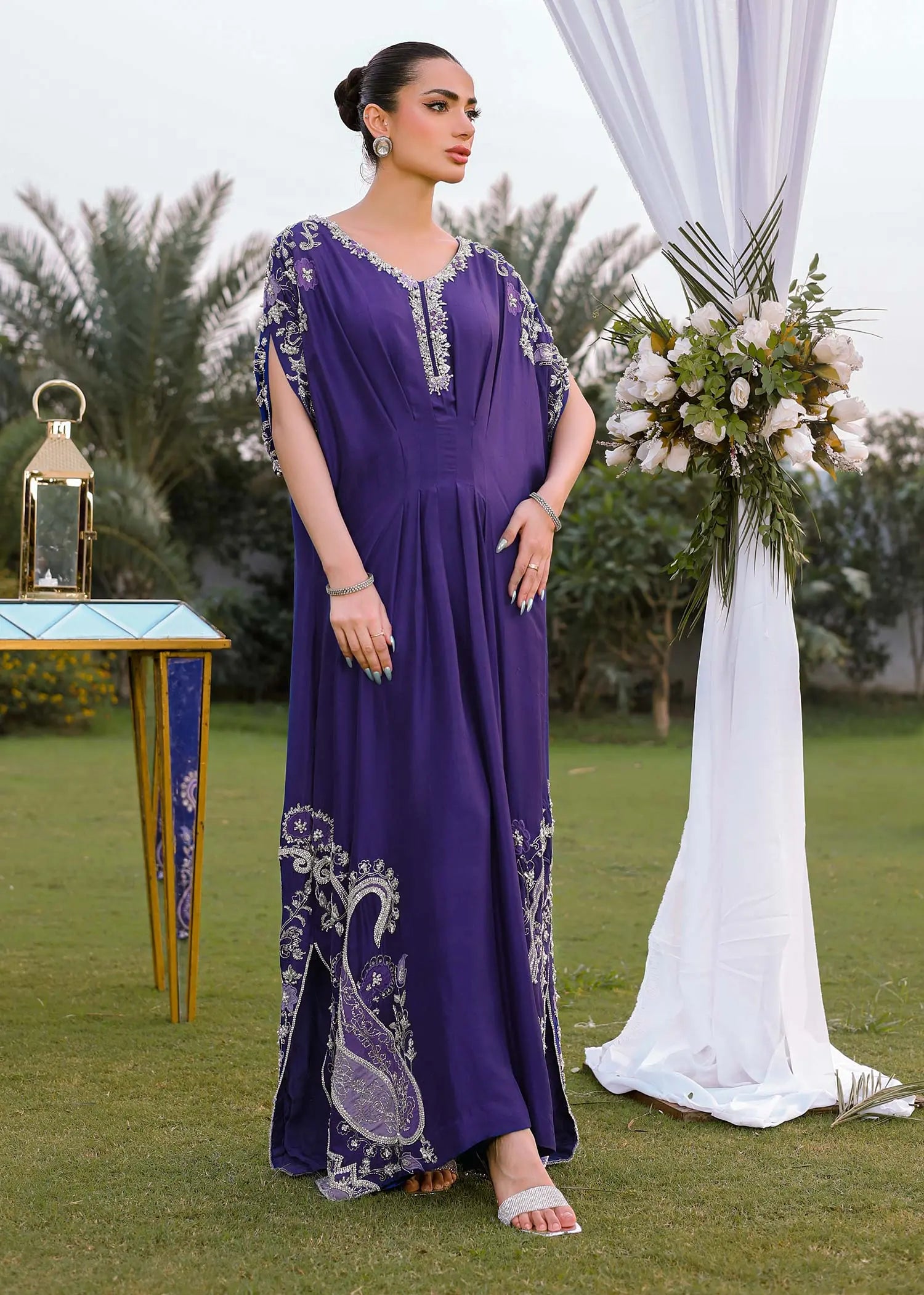 Pakistani Purple Floral Appliqué Raw Silk Kaftan (1-Pc) - Image 1