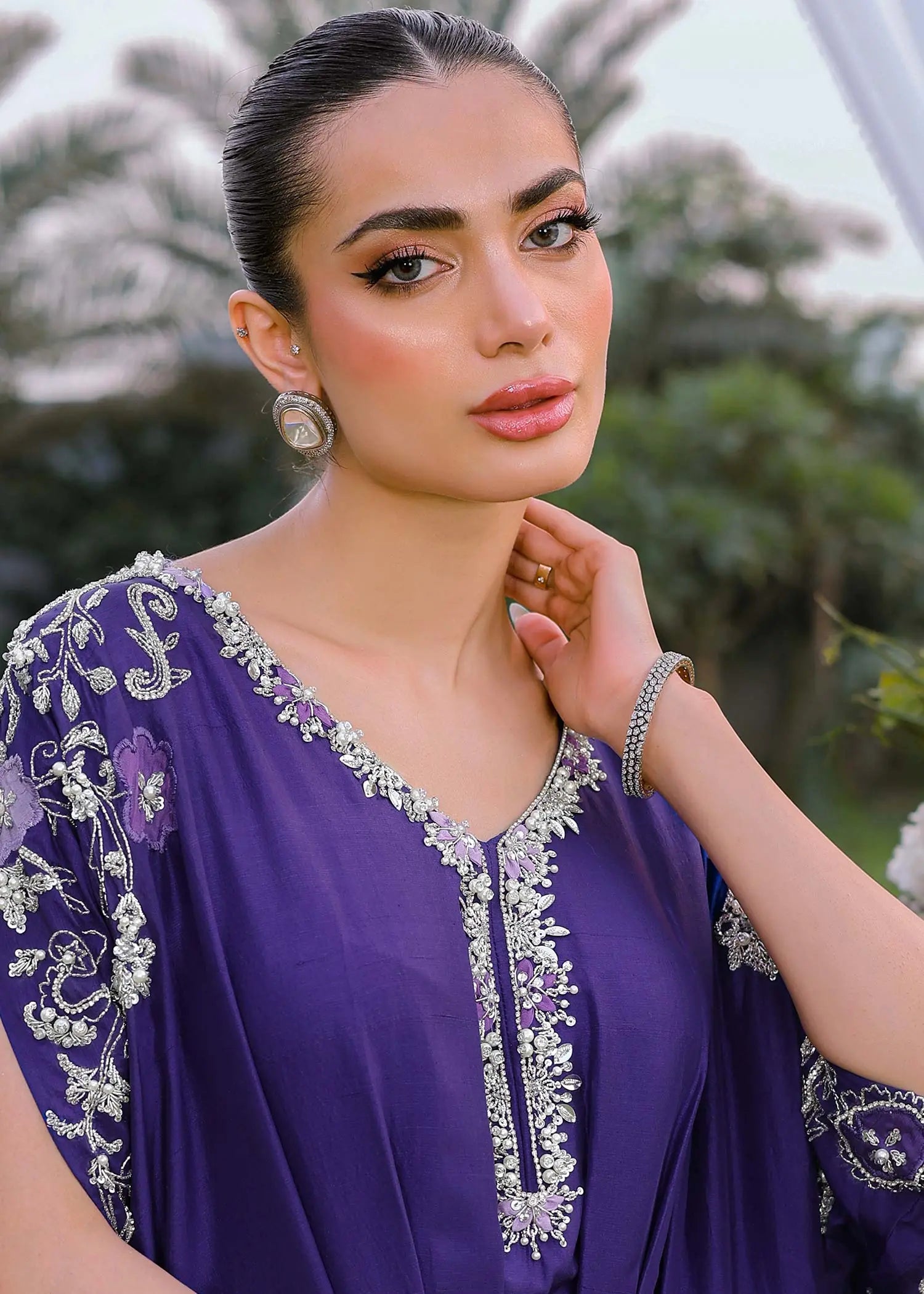 Pakistani Purple Floral Appliqué Raw Silk Kaftan (1-Pc) - Image 2
