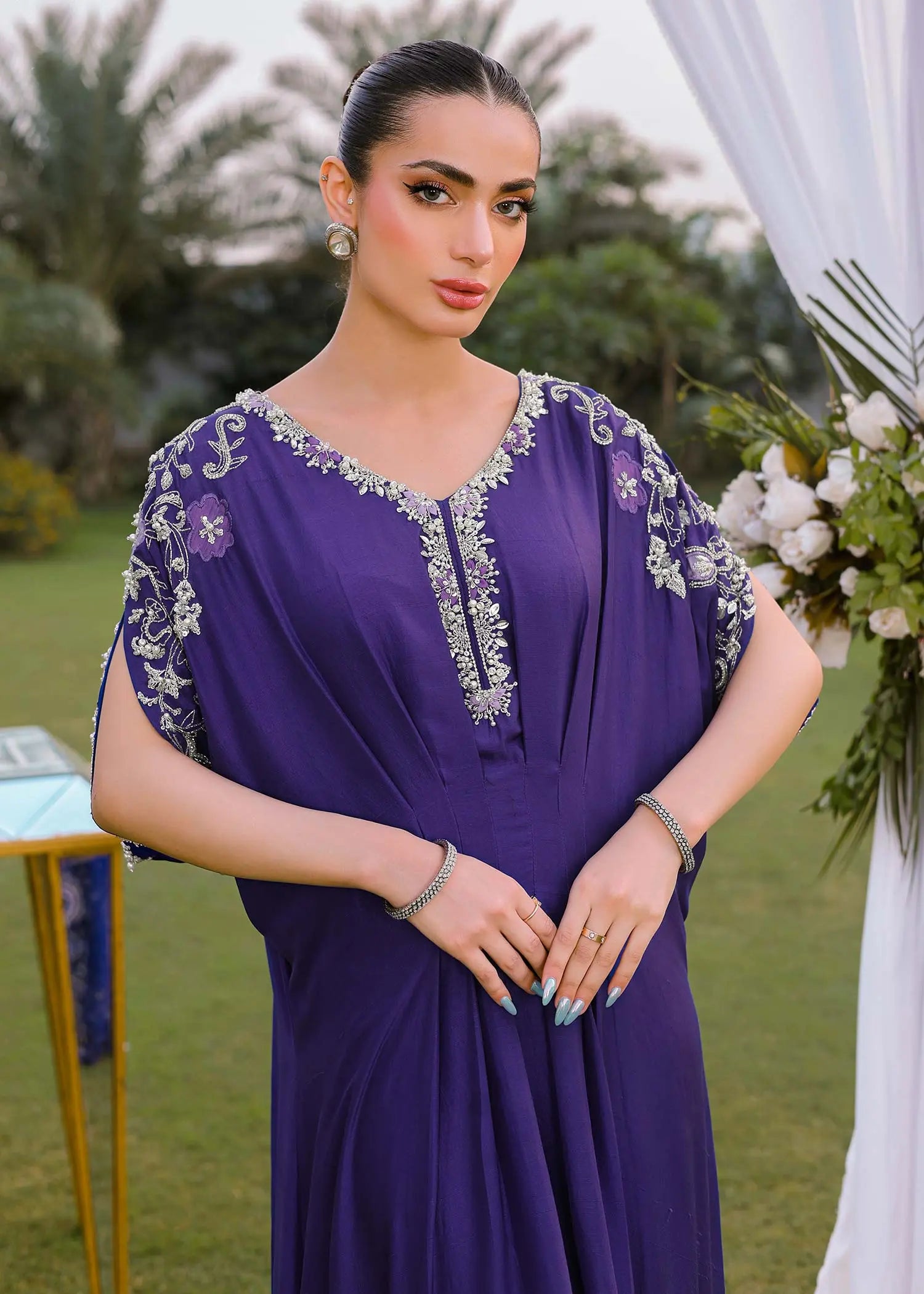 Pakistani Purple Floral Appliqué Raw Silk Kaftan (1-Pc) - Image 4