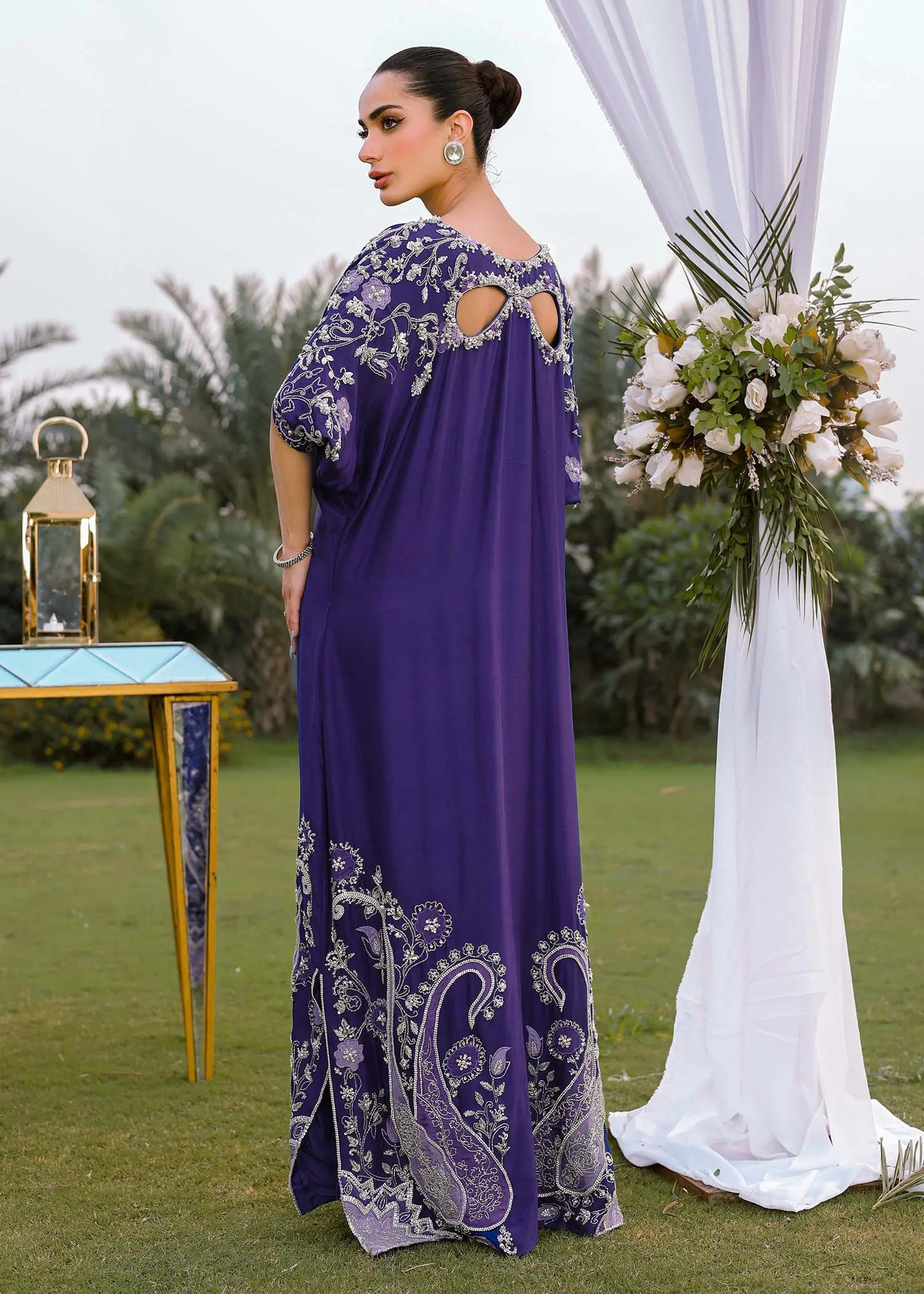 Pakistani Purple Floral Appliqué Raw Silk Kaftan (1-Pc) - Image 5