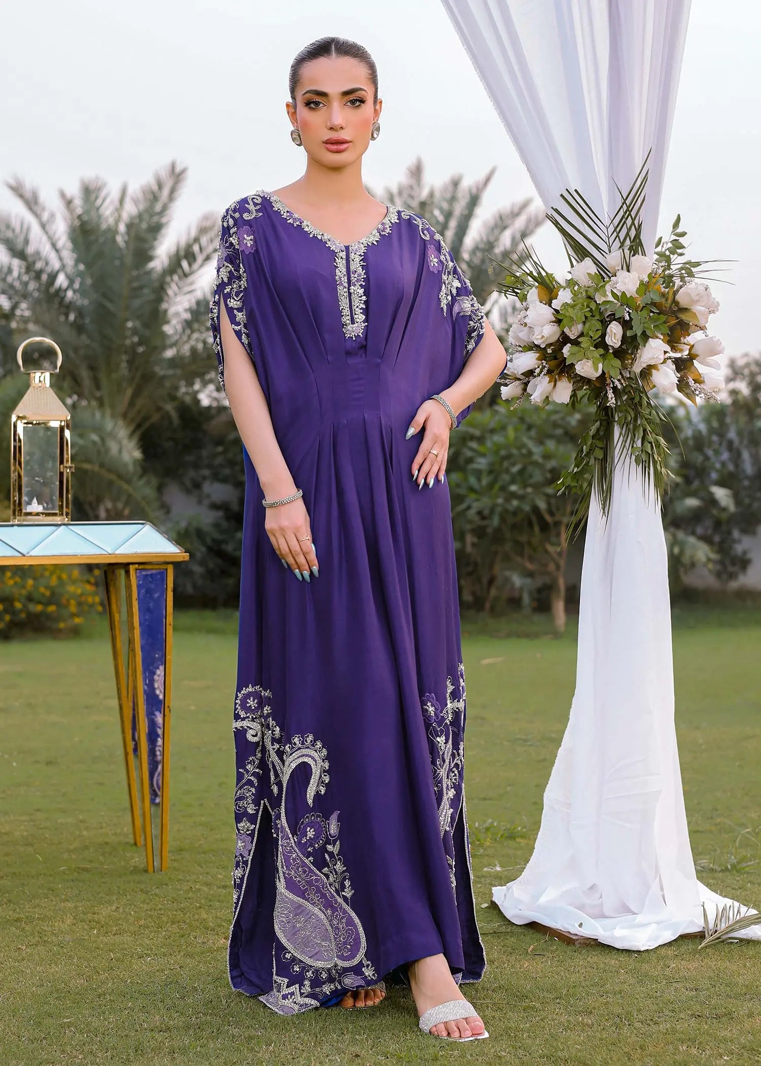 Pakistani Purple Floral Appliqué Raw Silk Kaftan (1-Pc) - Image 6
