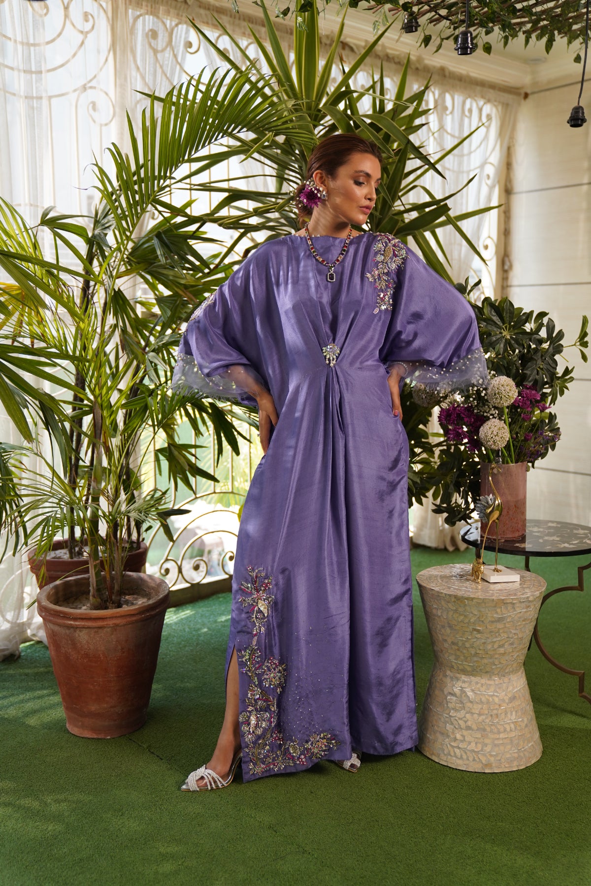 Plum Hand Adda Embroidered Silk Kaftan (1-Pc) - Image 1