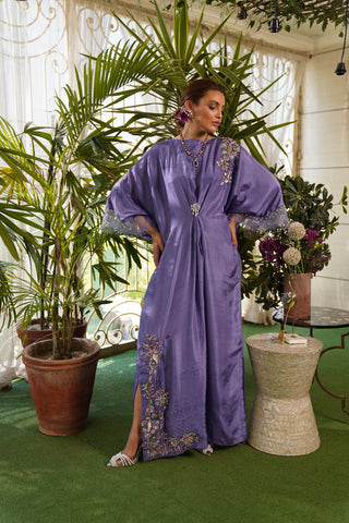 Plum Hand Adda Embroidered Silk Kaftan (1-Pc) - Image 2