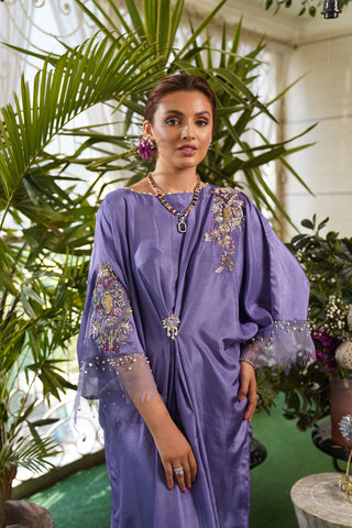 Plum Hand Adda Embroidered Silk Kaftan (1-Pc) - Image 3