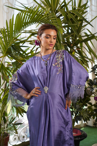 Plum Hand Adda Embroidered Silk Kaftan (1-Pc) - Image 4