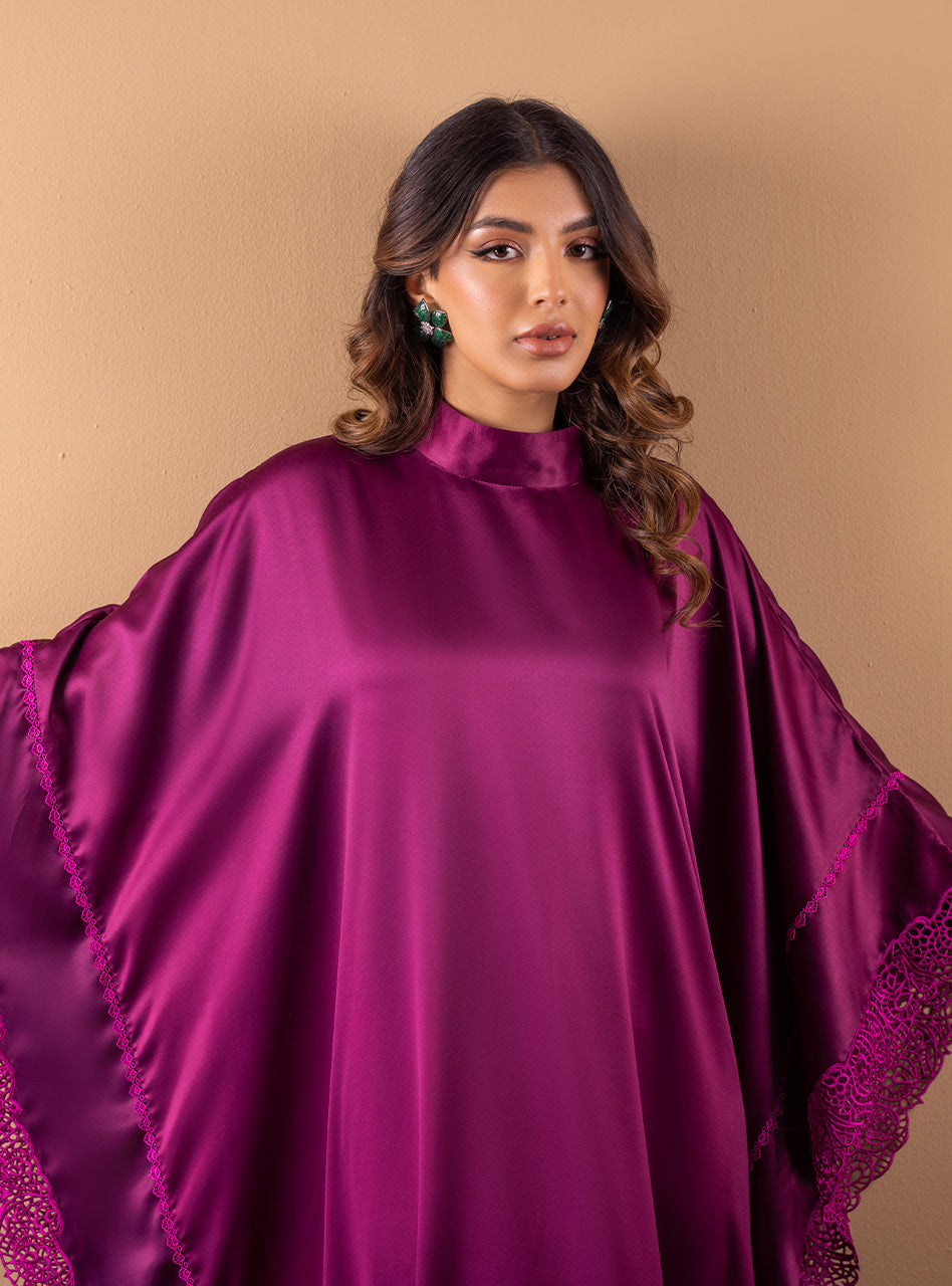 Pakistani Plum Cutwork Shamose Silk Kaftan (2-Piece) - Image 2