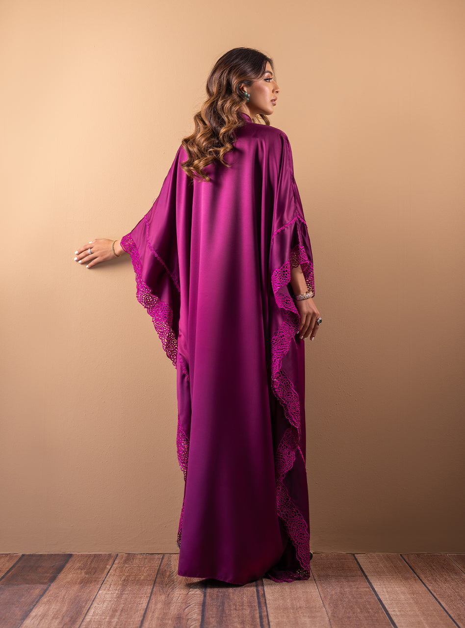 Pakistani Plum Cutwork Shamose Silk Kaftan (2-Piece) - Image 3