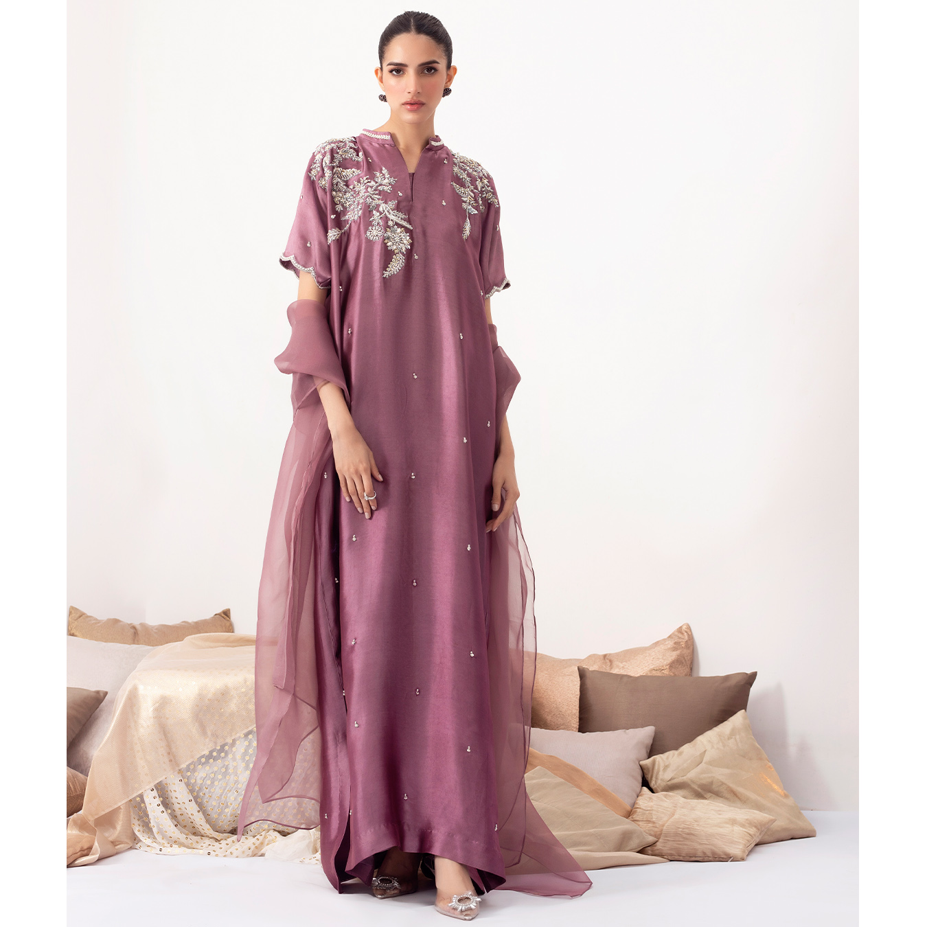 Viola Purple Hand-Embellished Silk Kaftan (2-Piece) - Image 1