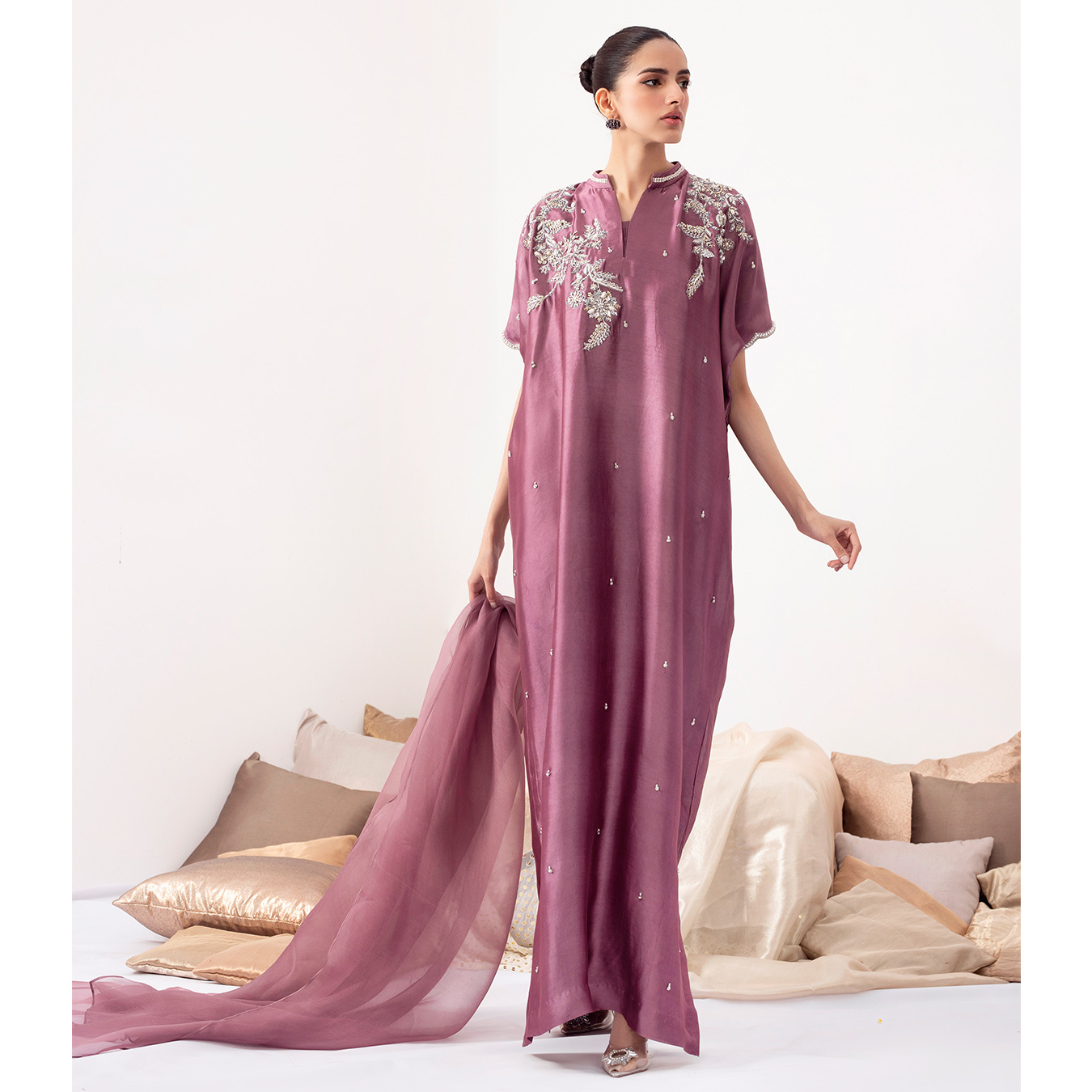 Viola Purple Hand-Embellished Silk Kaftan (2-Piece) - Image 4