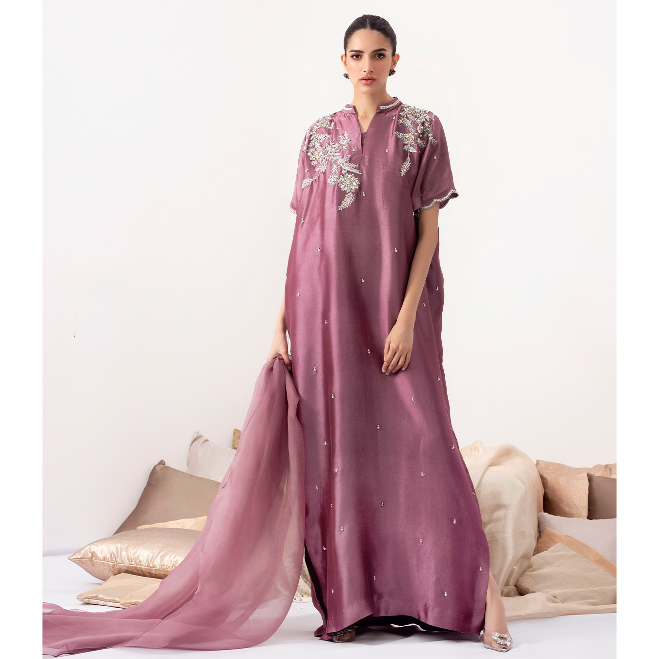 Viola Purple Hand-Embellished Silk Kaftan (2-Piece) - Image 6