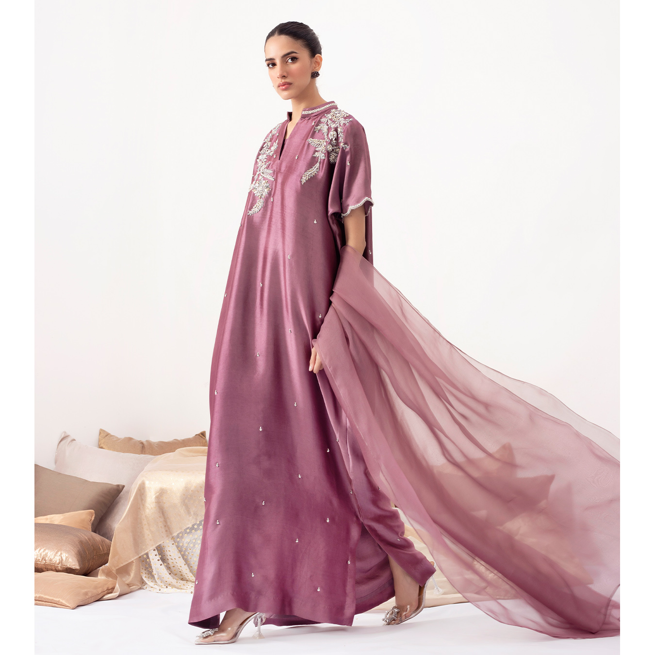 Viola Purple Hand-Embellished Silk Kaftan (2-Piece) - Image 7