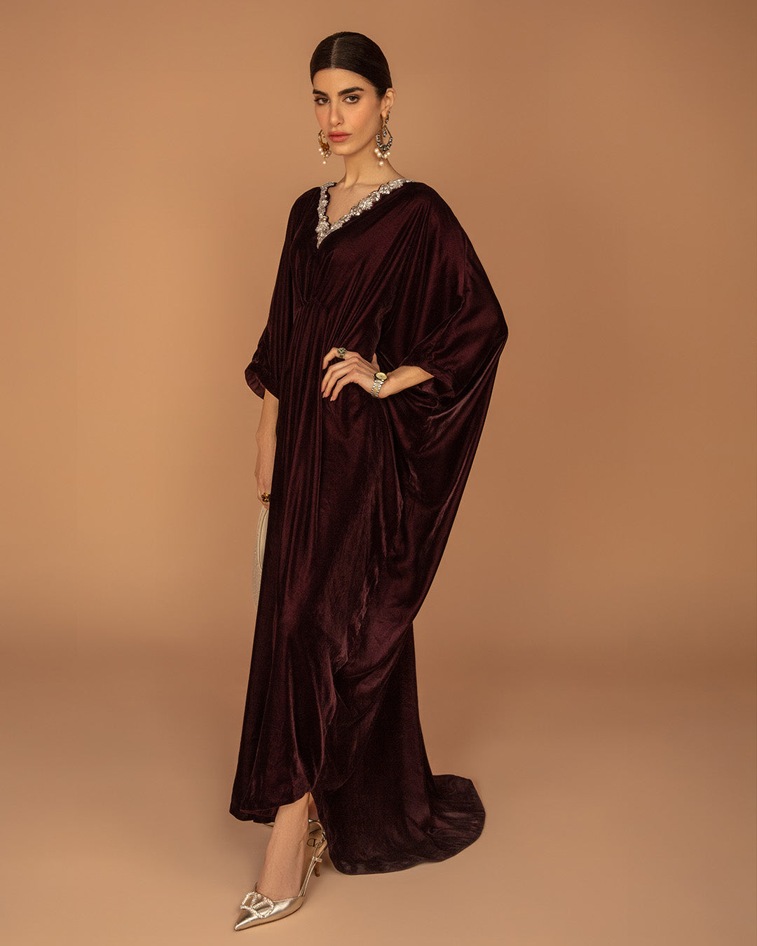 Plum Embellished Velvet Kaftan (1-Pc) - Image 1