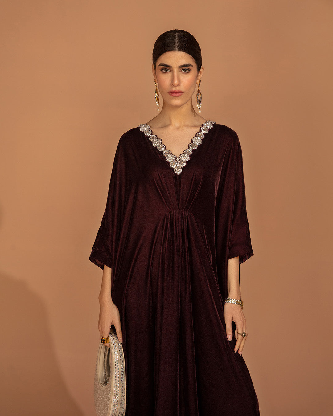 Plum Embellished Velvet Kaftan (1-Pc) - Image 4