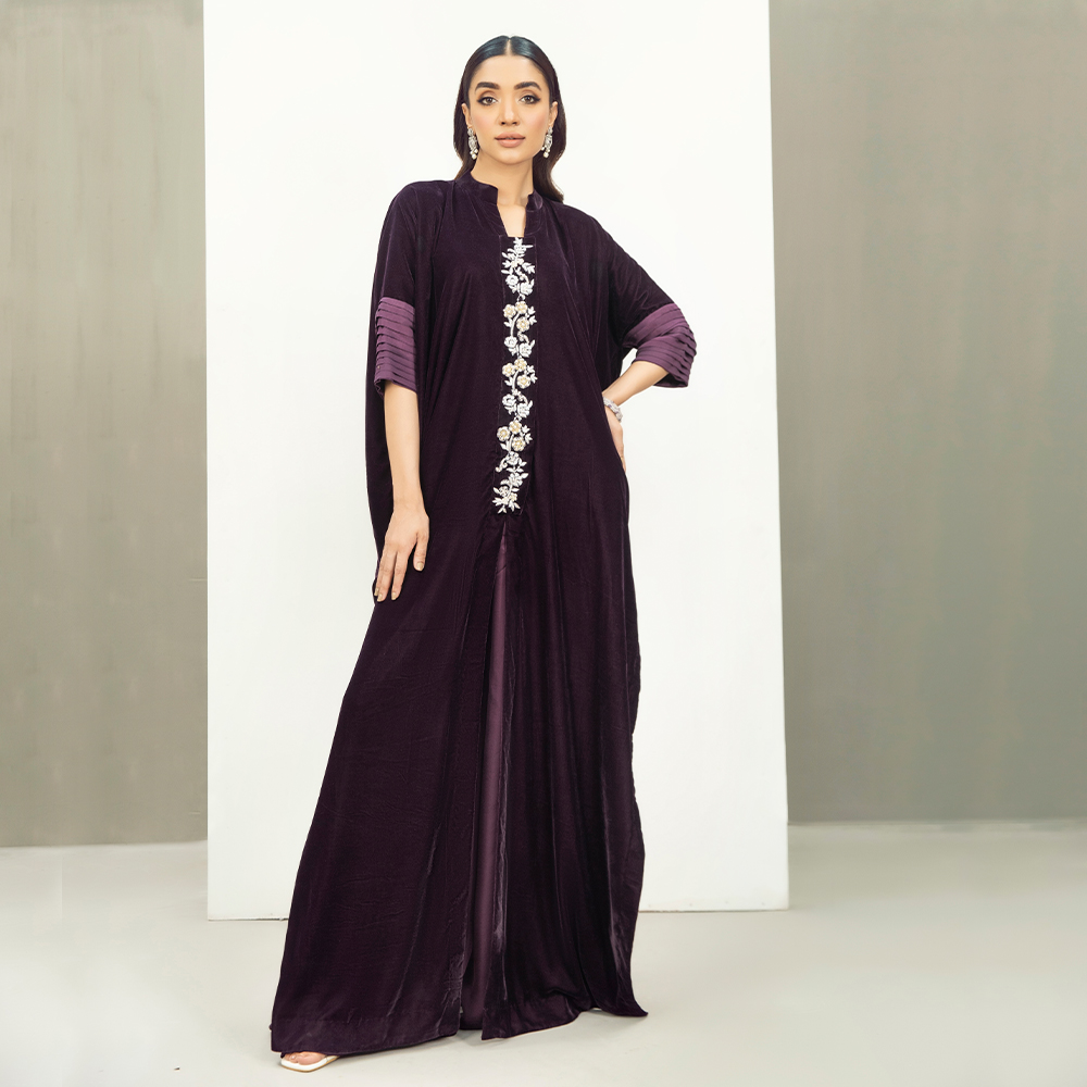 Aubergine Hand-Embellished French Velvet Kaftan (2-Piece) - Image 1