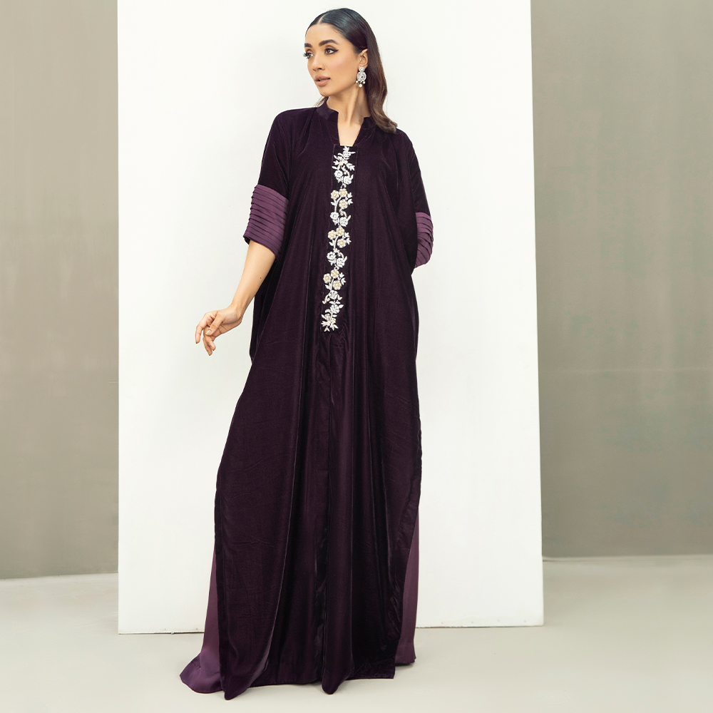 Aubergine Hand-Embellished French Velvet Kaftan (2-Piece) - Image 2