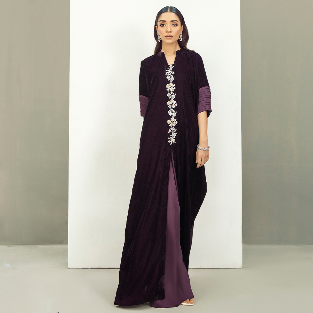 Aubergine Hand-Embellished French Velvet Kaftan (2-Piece) - Image 3