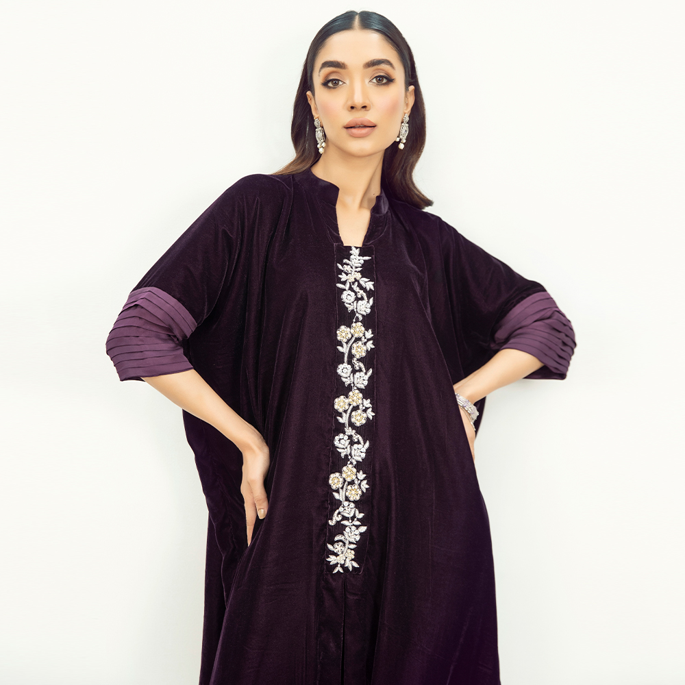 Aubergine Hand-Embellished French Velvet Kaftan (2-Piece) - Image 4