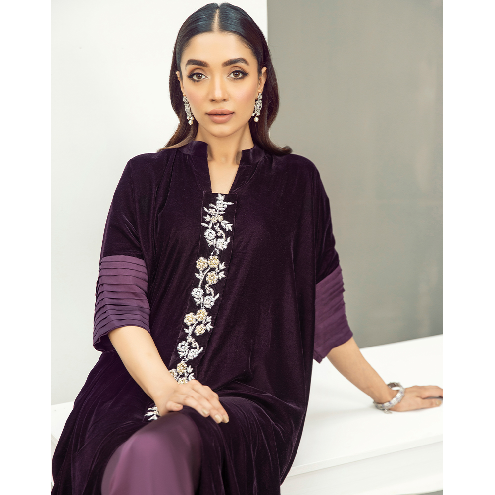 Aubergine Hand-Embellished French Velvet Kaftan (2-Piece) - Image 6