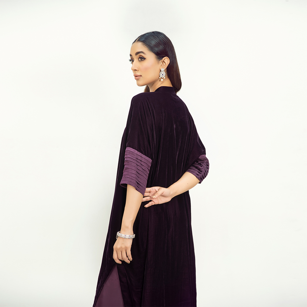 Aubergine Hand-Embellished French Velvet Kaftan (2-Piece) - Image 7