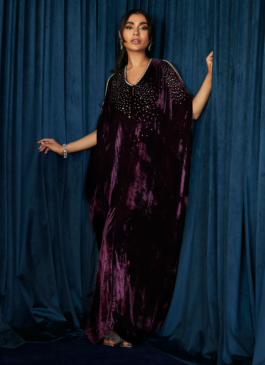 Deep Amethyst Hand-Embroidered Velvet Kaftan (1-Pc) - Image 1
