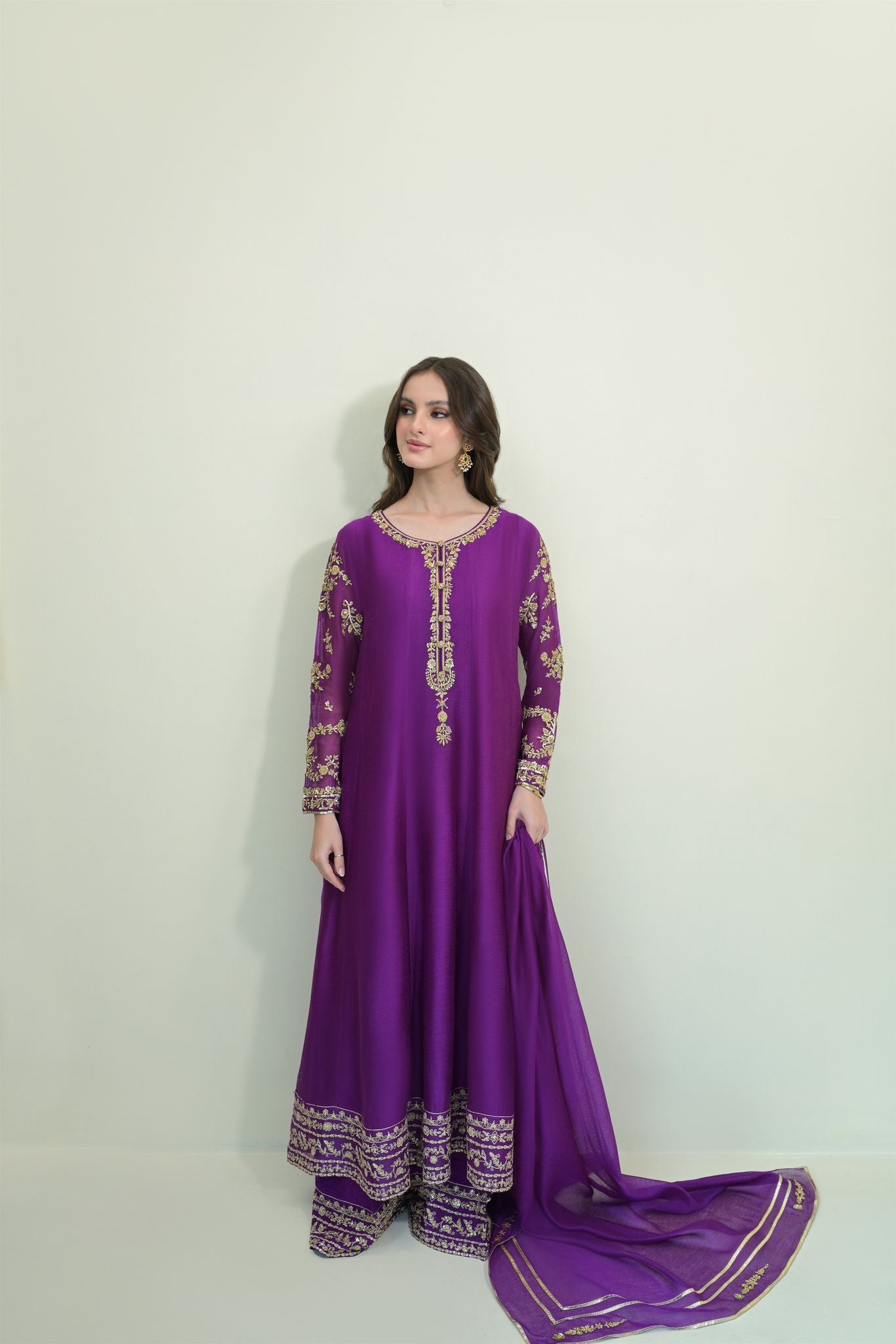 Pakistani Dewberry Gold Ada Work Cotton Net Kalidaar (3-Piece) - Image 1