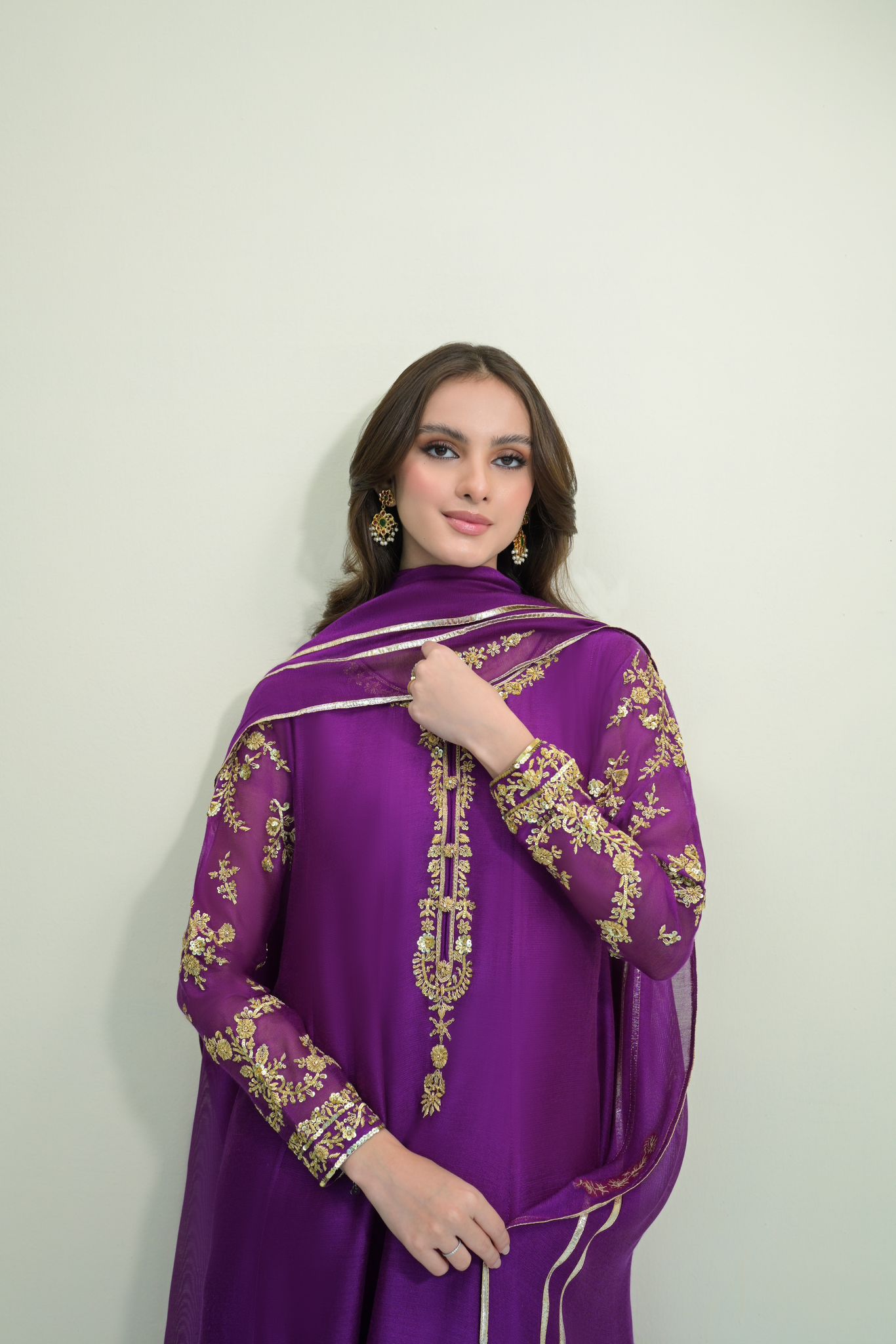 Pakistani Dewberry Gold Ada Work Cotton Net Kalidaar (3-Piece) - Image 4