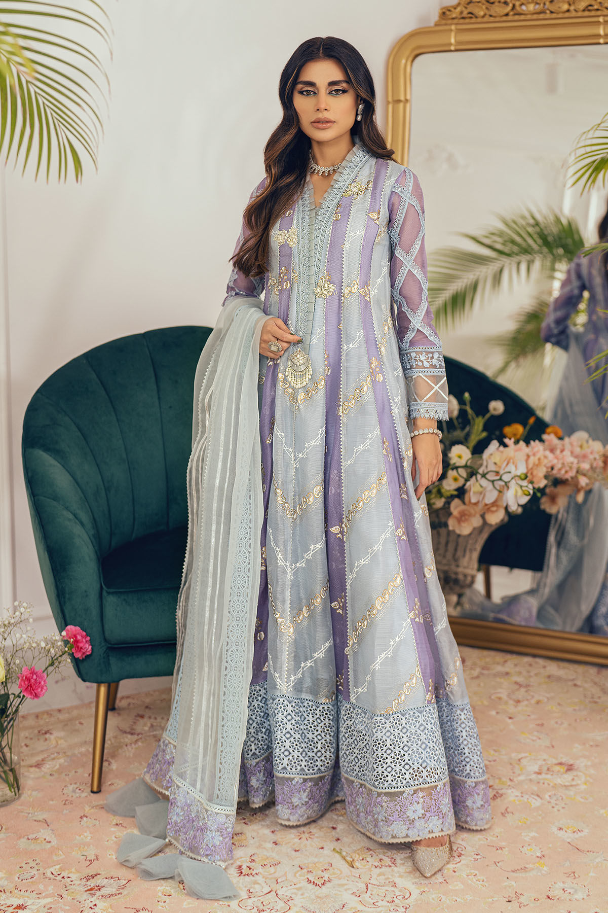 Lilac Blue Embroidered Organza Kalidar (3-Piece) - Image 1