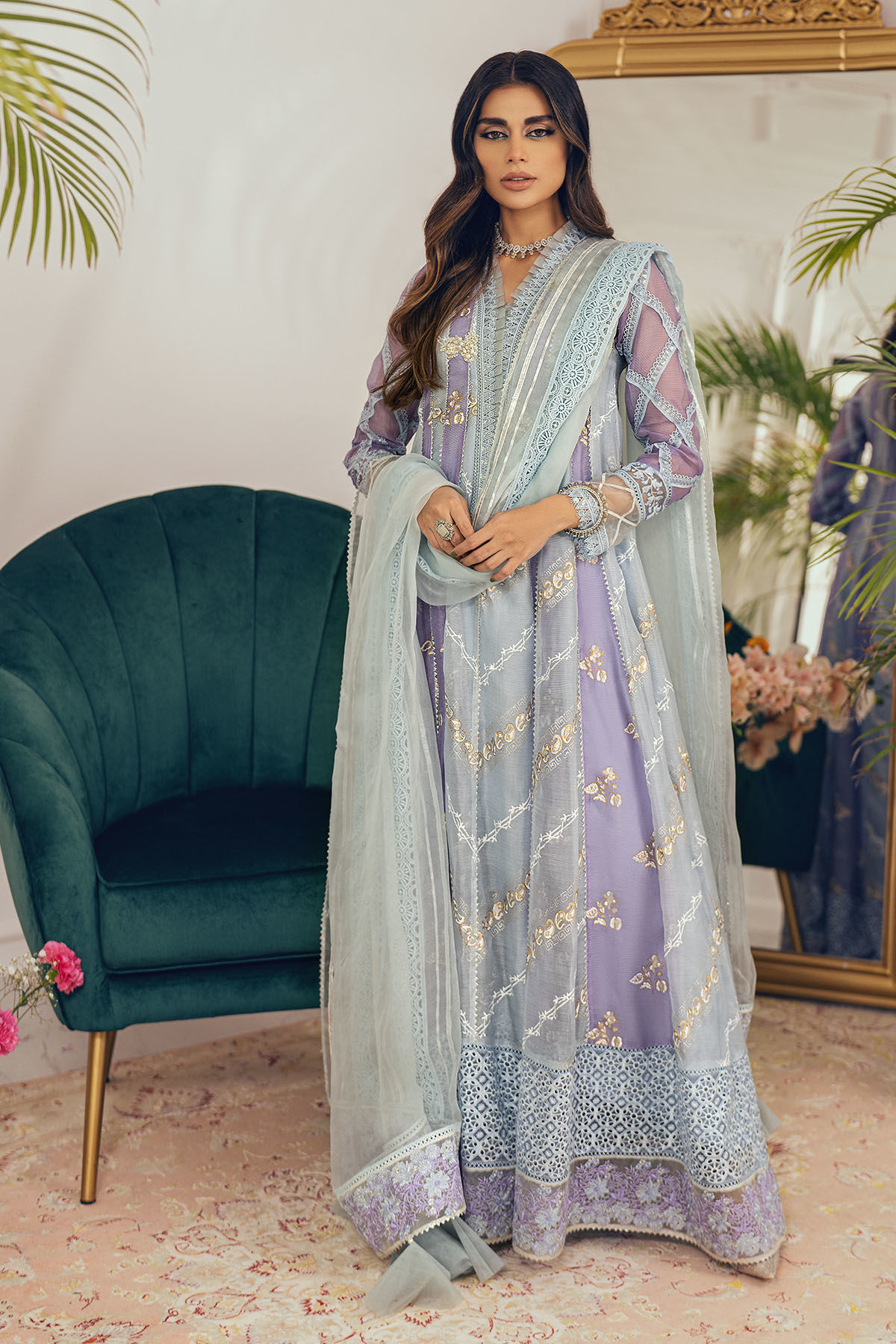 Lilac Blue Embroidered Organza Kalidar (3-Piece) - Image 2