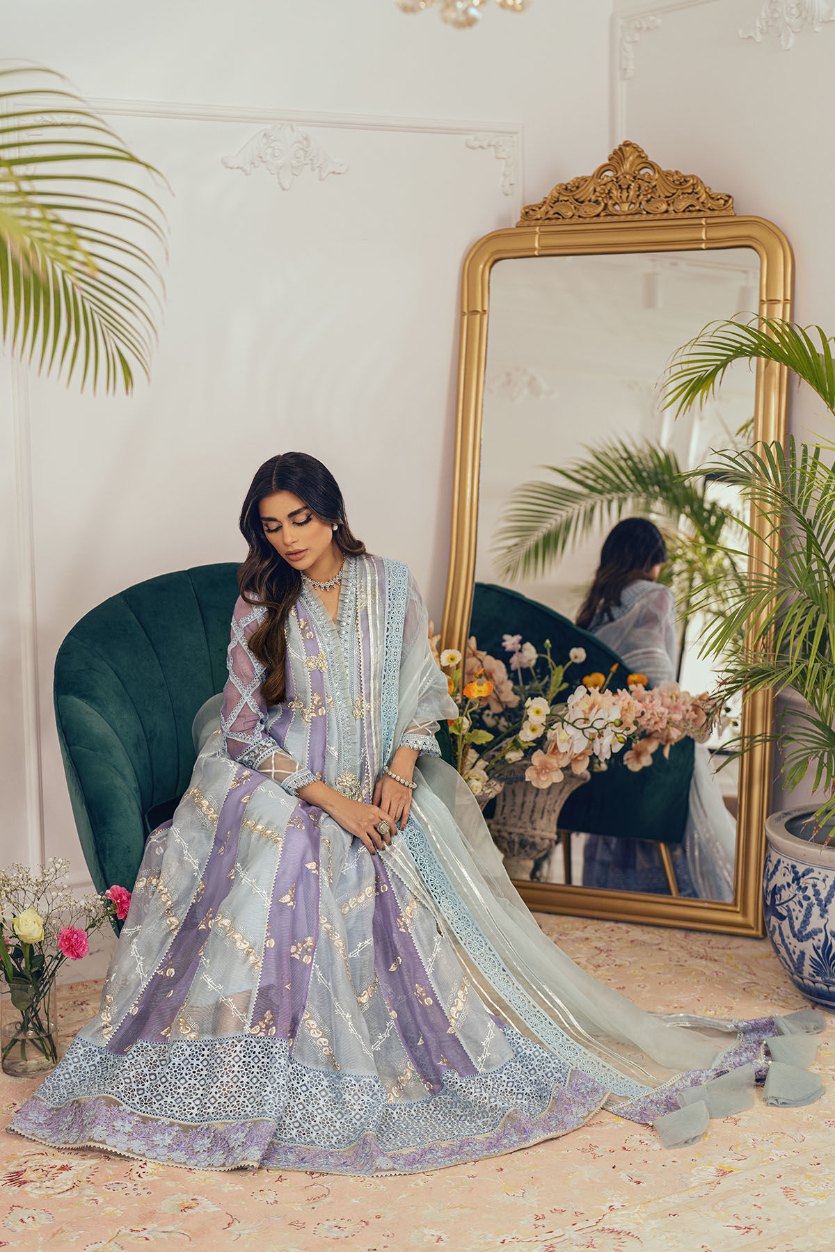 Lilac Blue Embroidered Organza Kalidar (3-Piece) - Image 5