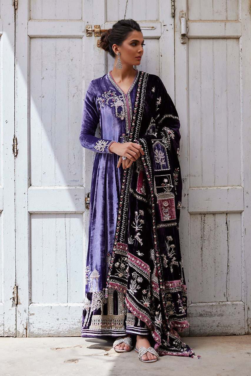 Pakistani Purple 3D Embroidered Velvet Kalidar (3-Piece) - Image 1