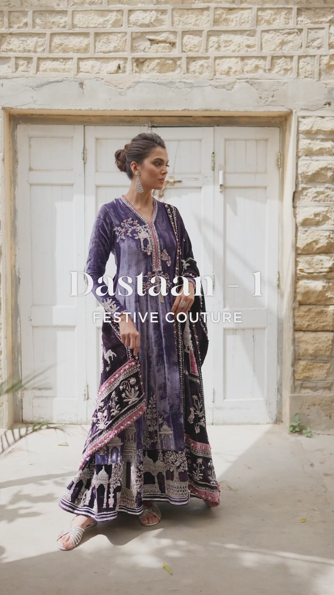 Pakistani Purple 3D Embroidered Velvet Kalidar (3-Piece) - Image 10