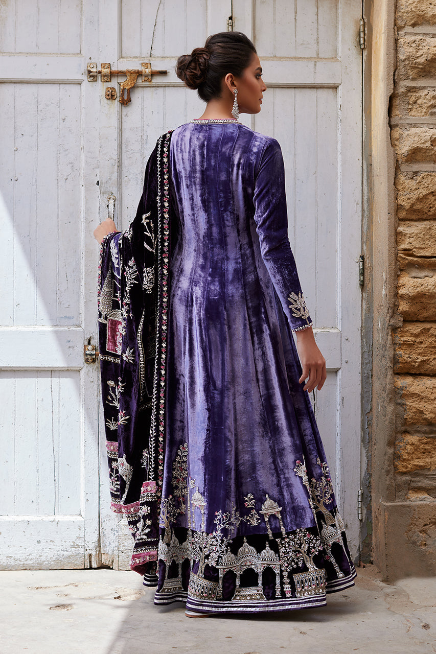 Pakistani Purple 3D Embroidered Velvet Kalidar (3-Piece) - Image 2