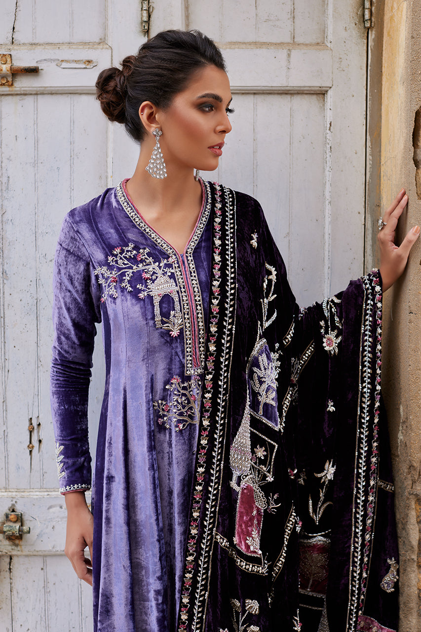 Pakistani Purple 3D Embroidered Velvet Kalidar (3-Piece) - Image 4