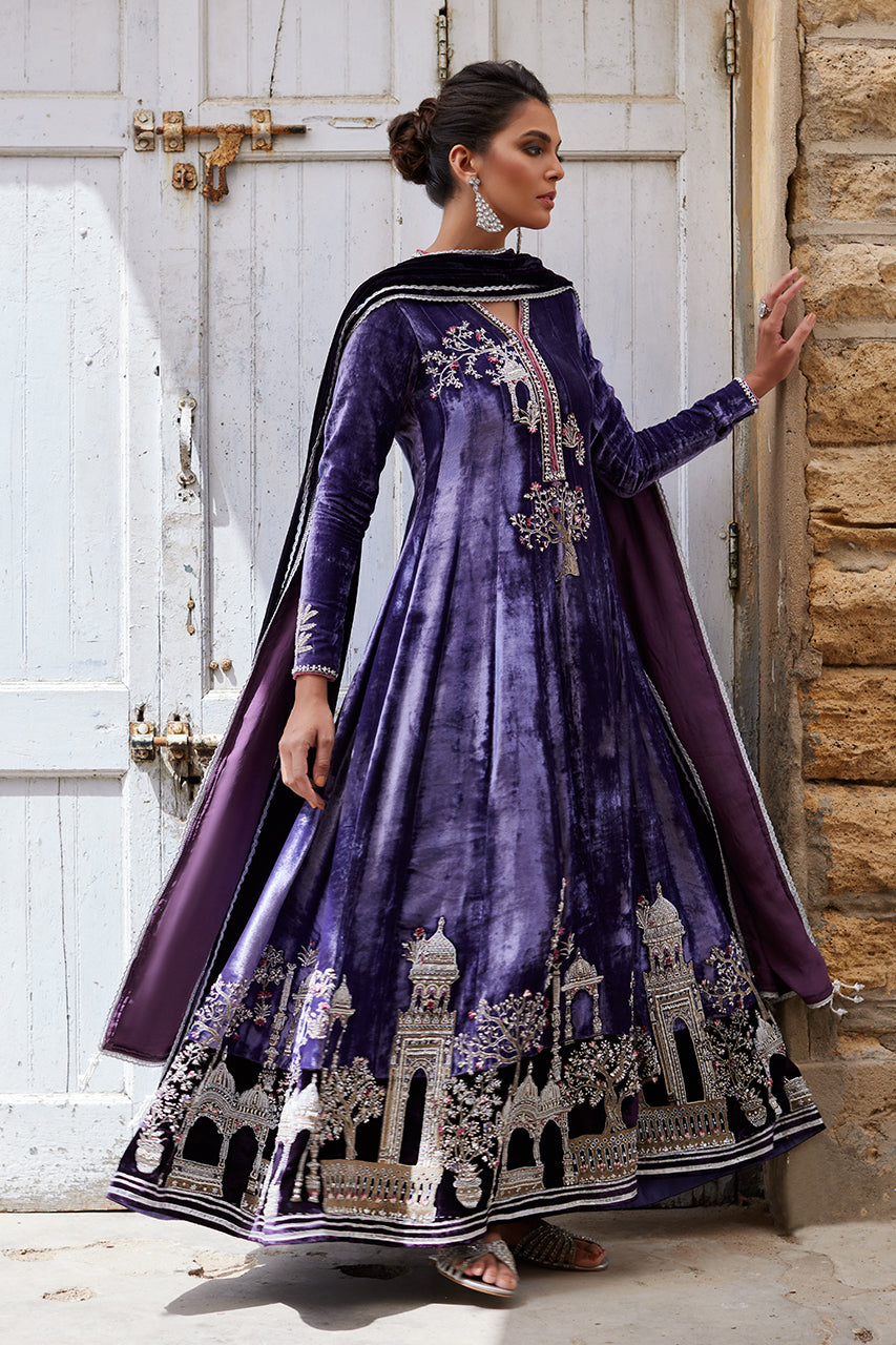 Pakistani Purple 3D Embroidered Velvet Kalidar (3-Piece) - Image 5