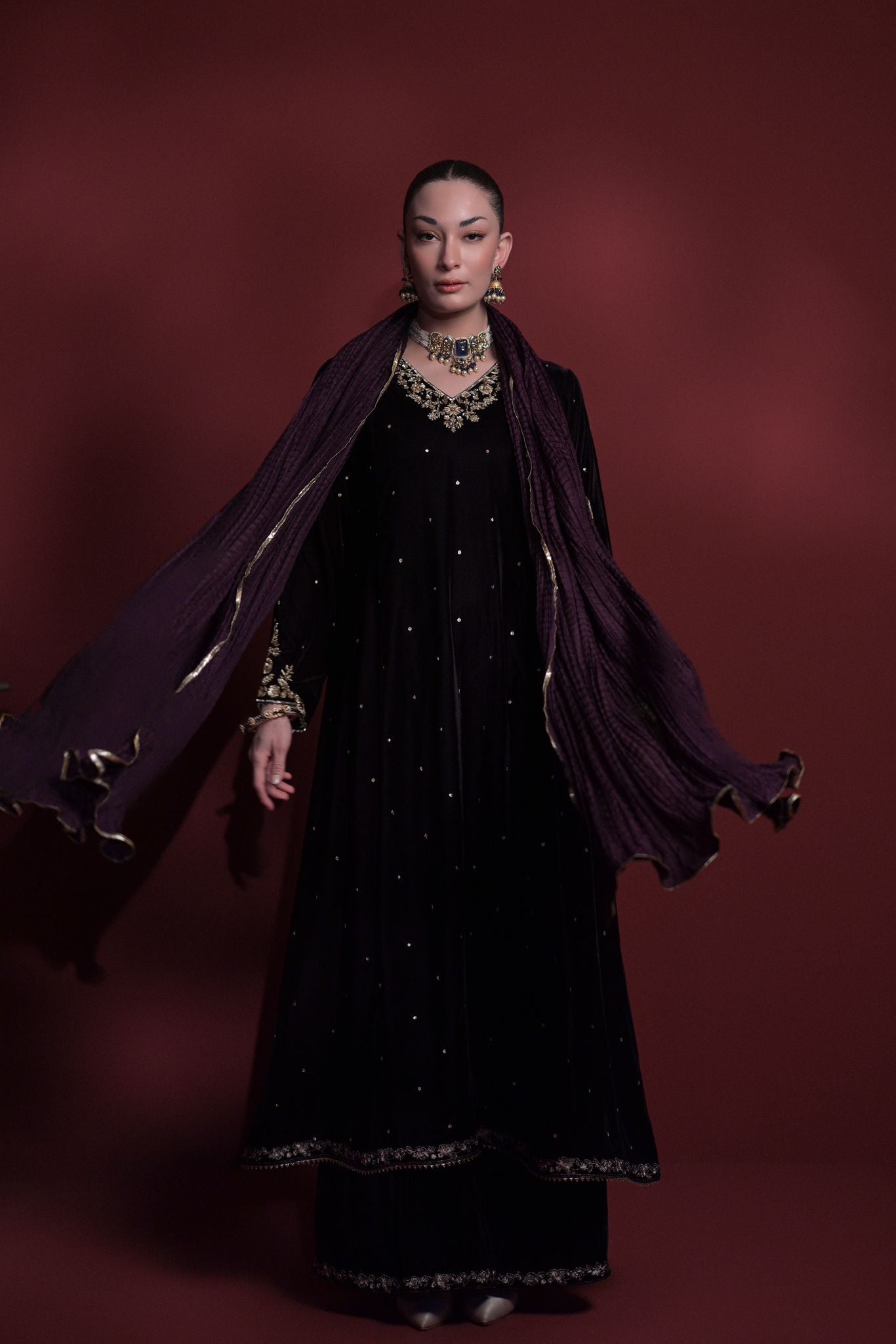 Pakistani Plum Hand-Embellished Velvet Kalidaar (3-Piece) - Image 3